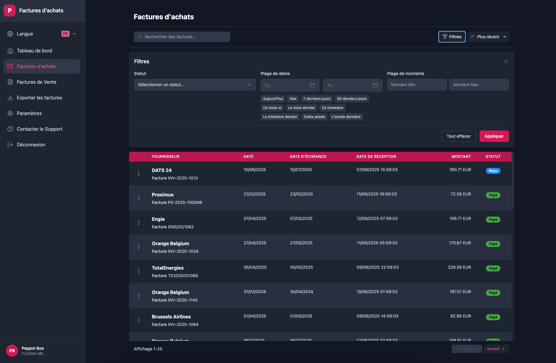 Purchase invoice management interface