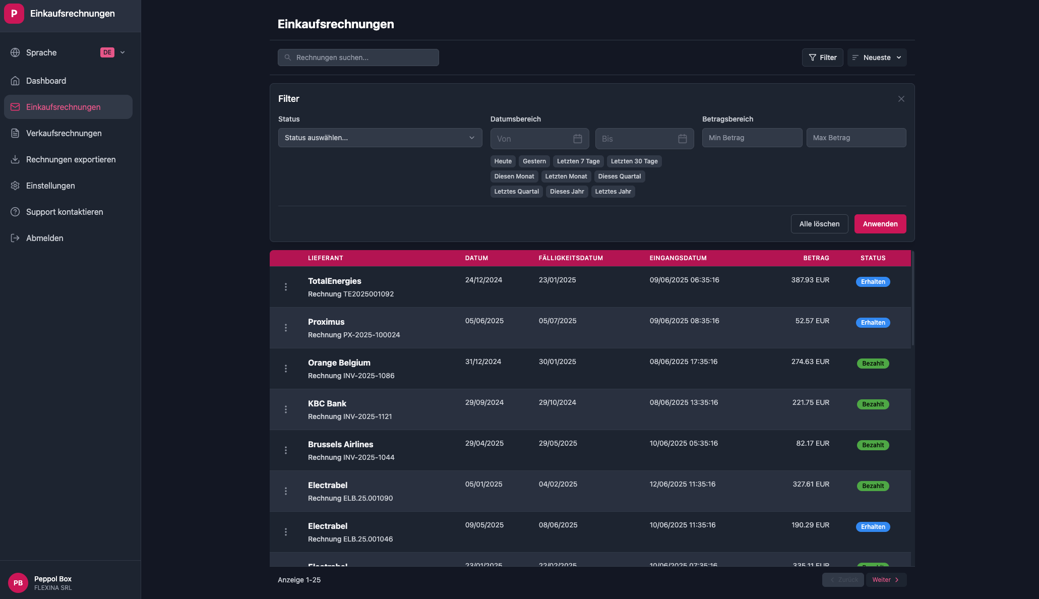 Purchase invoice management interface