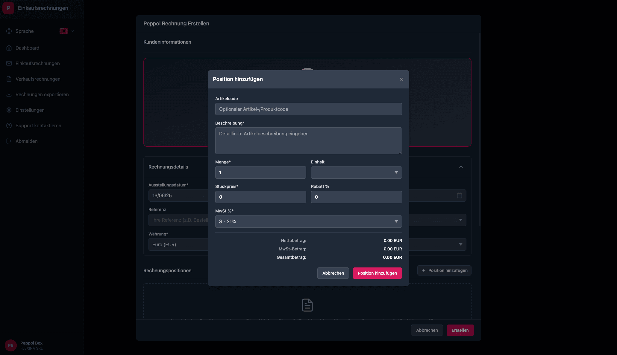 Invoice line creation interface