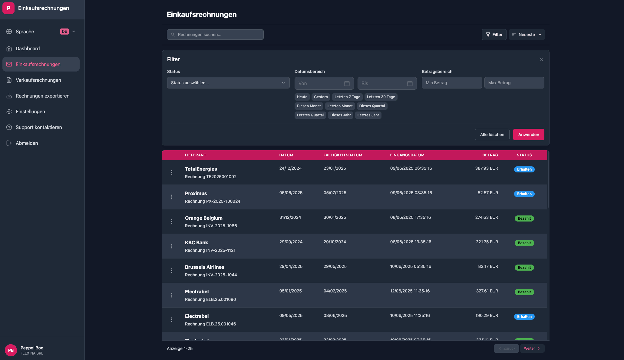 Purchase invoice management interface
