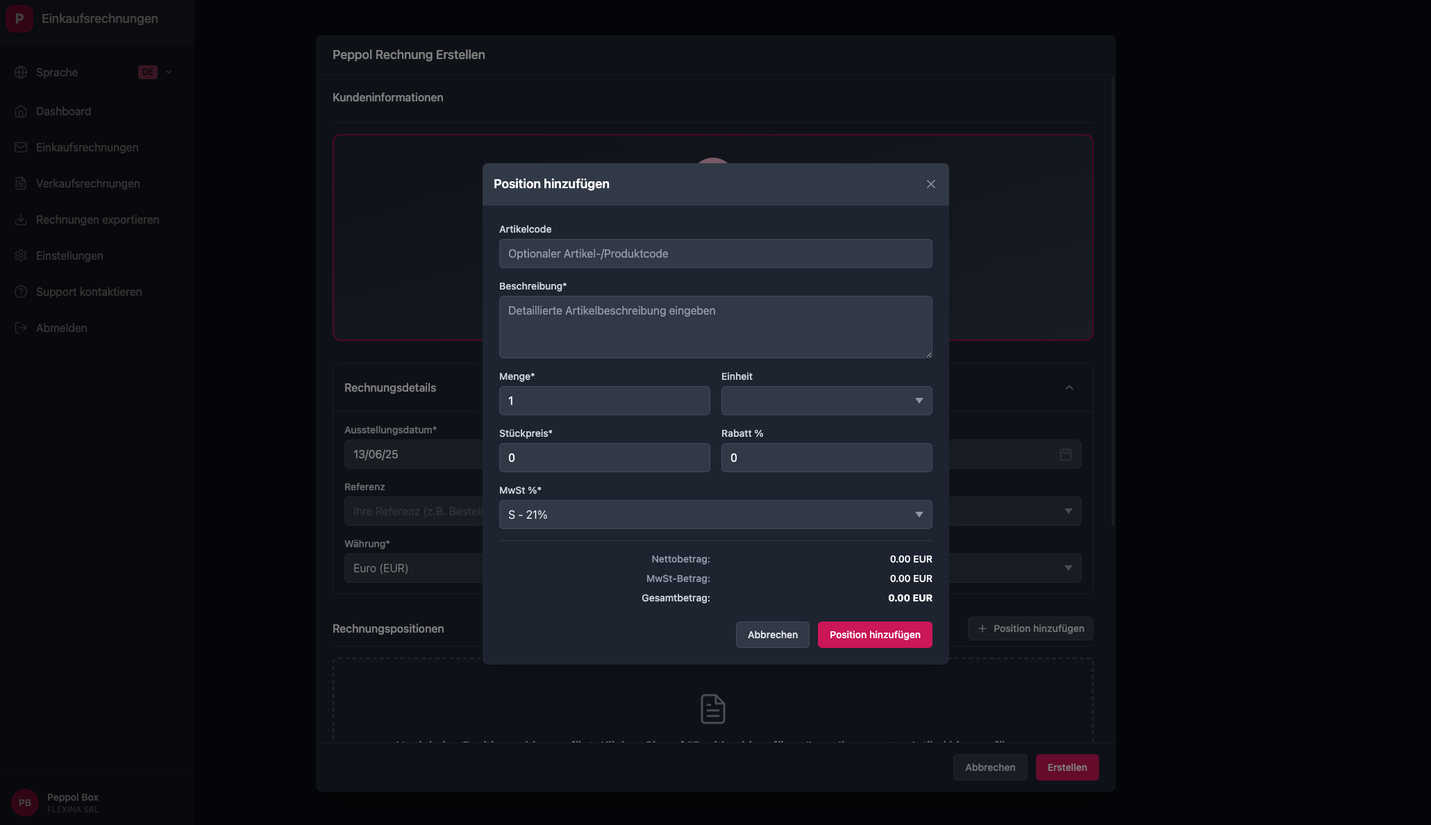 Invoice line creation interface