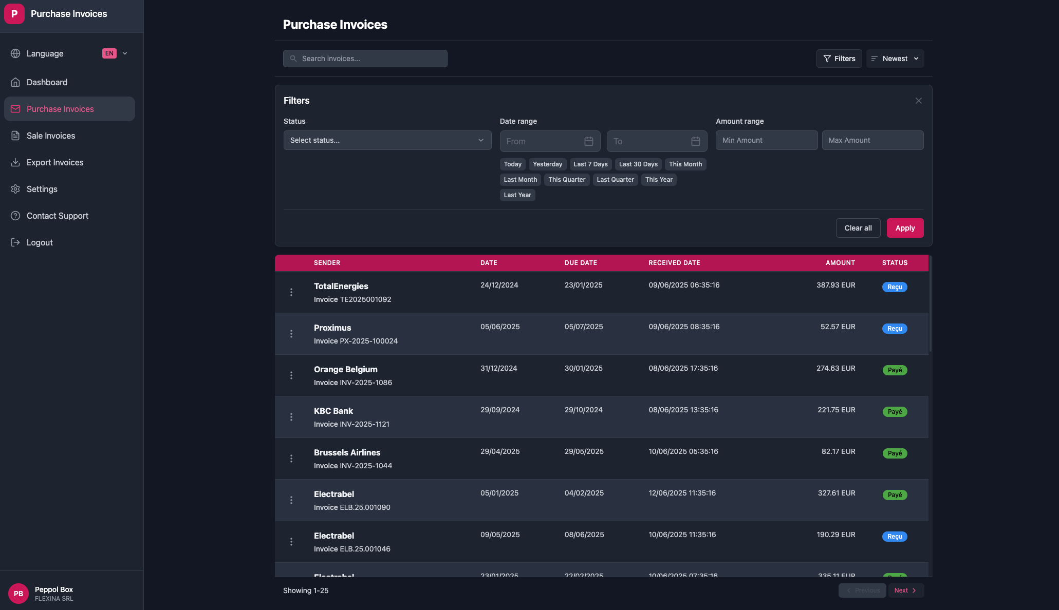 Purchase invoice management interface