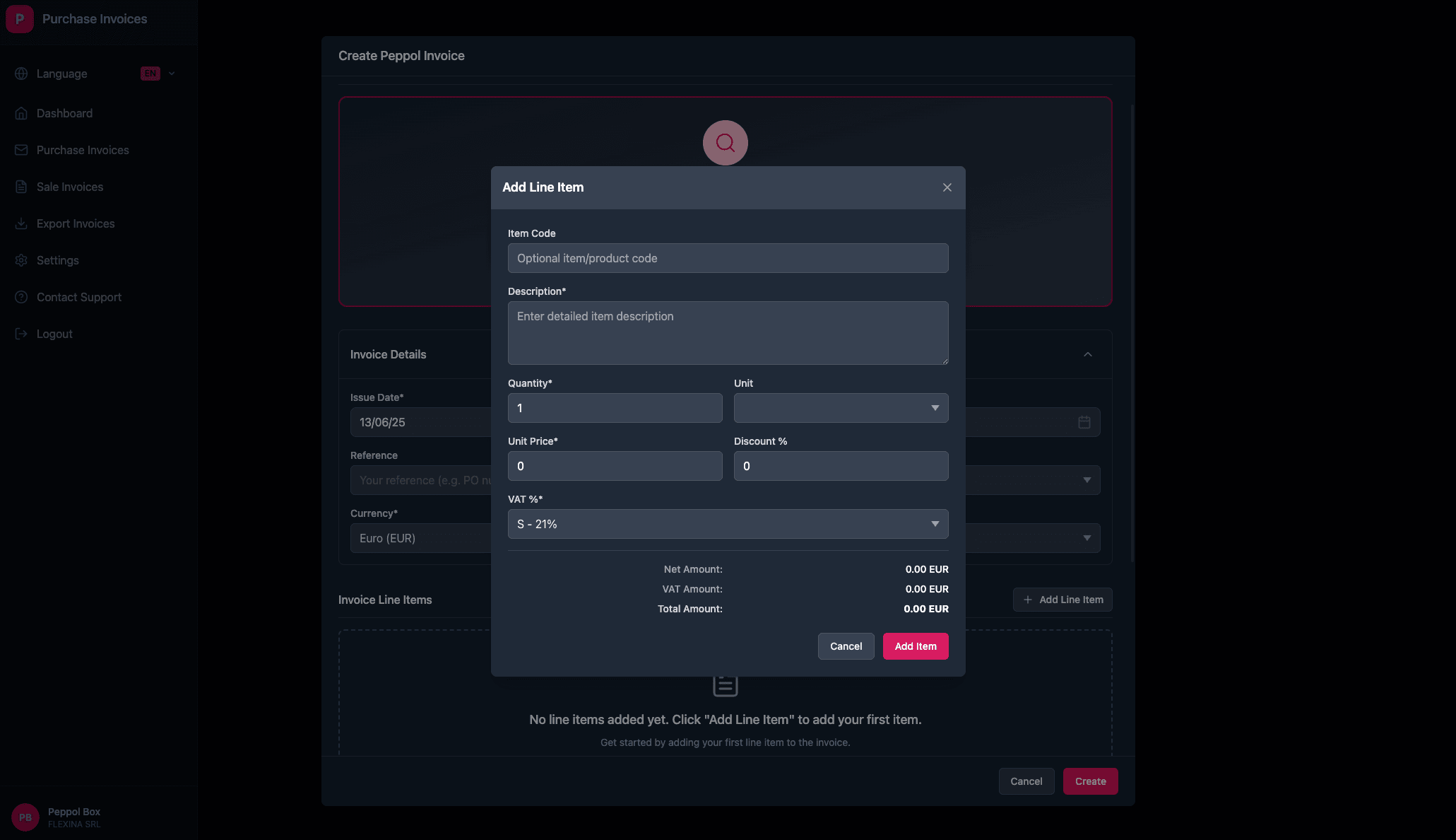 Invoice line creation interface