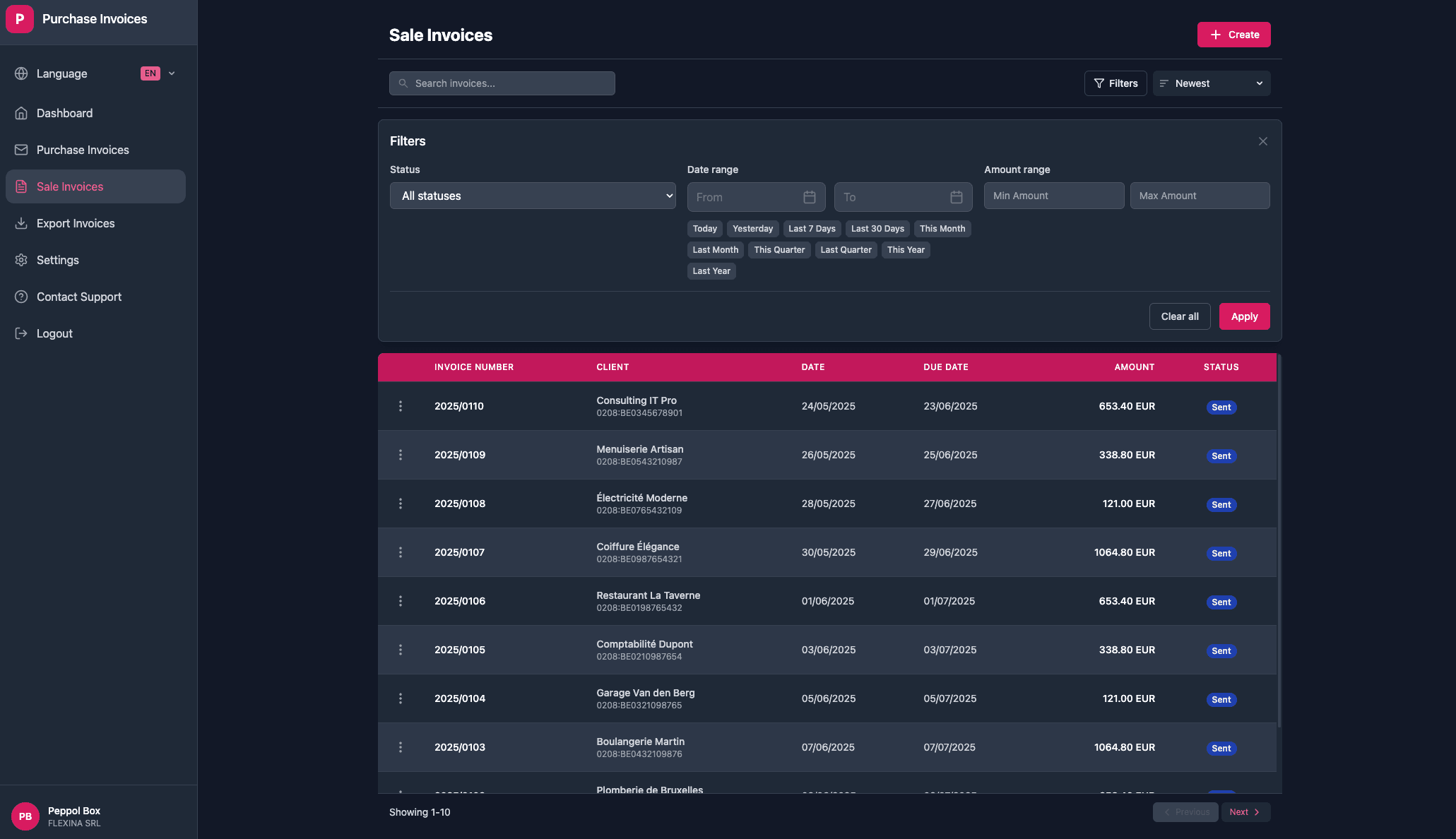 Sales invoice management interface