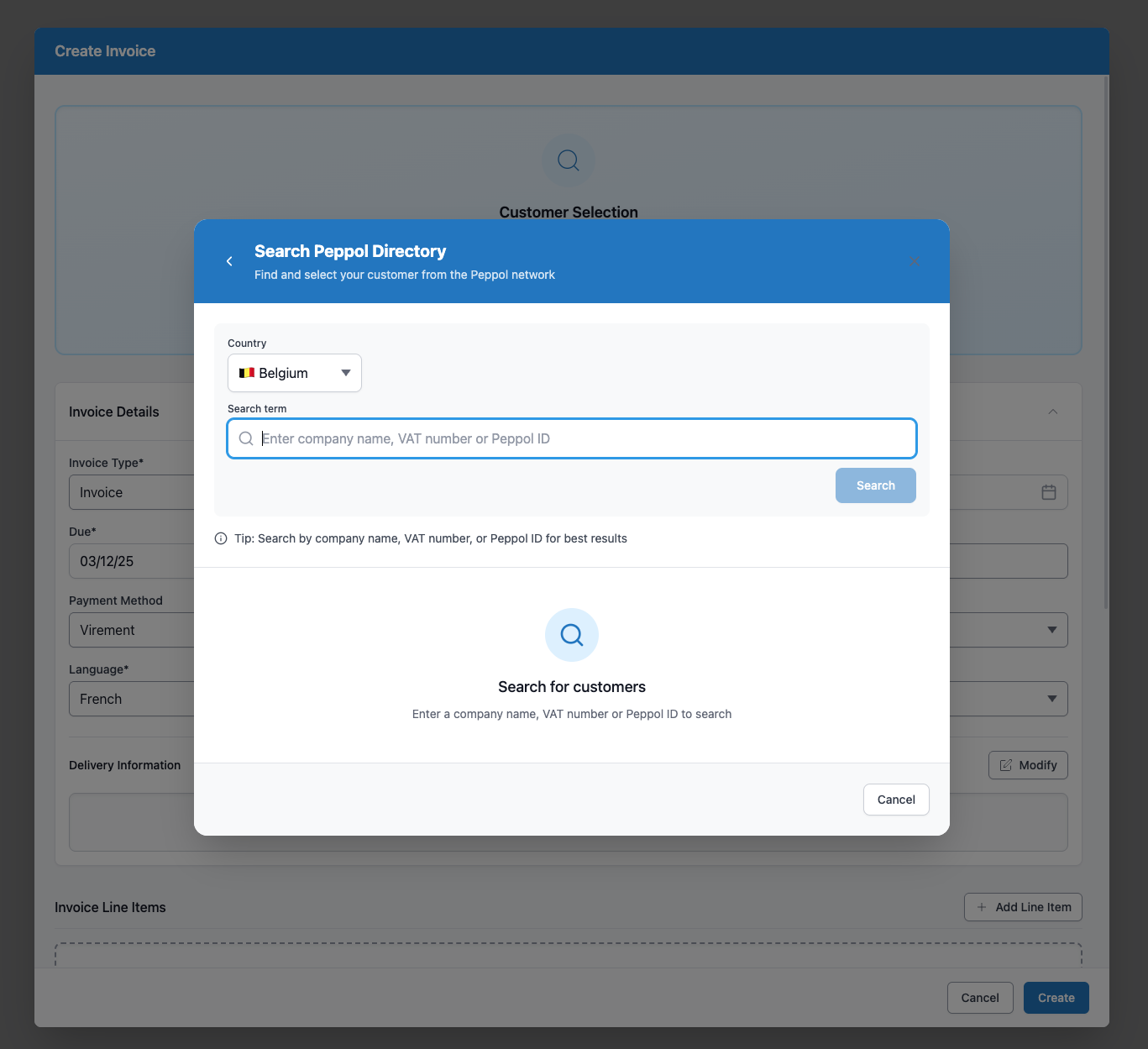 Customer search interface on the Peppol network with Peppol Box