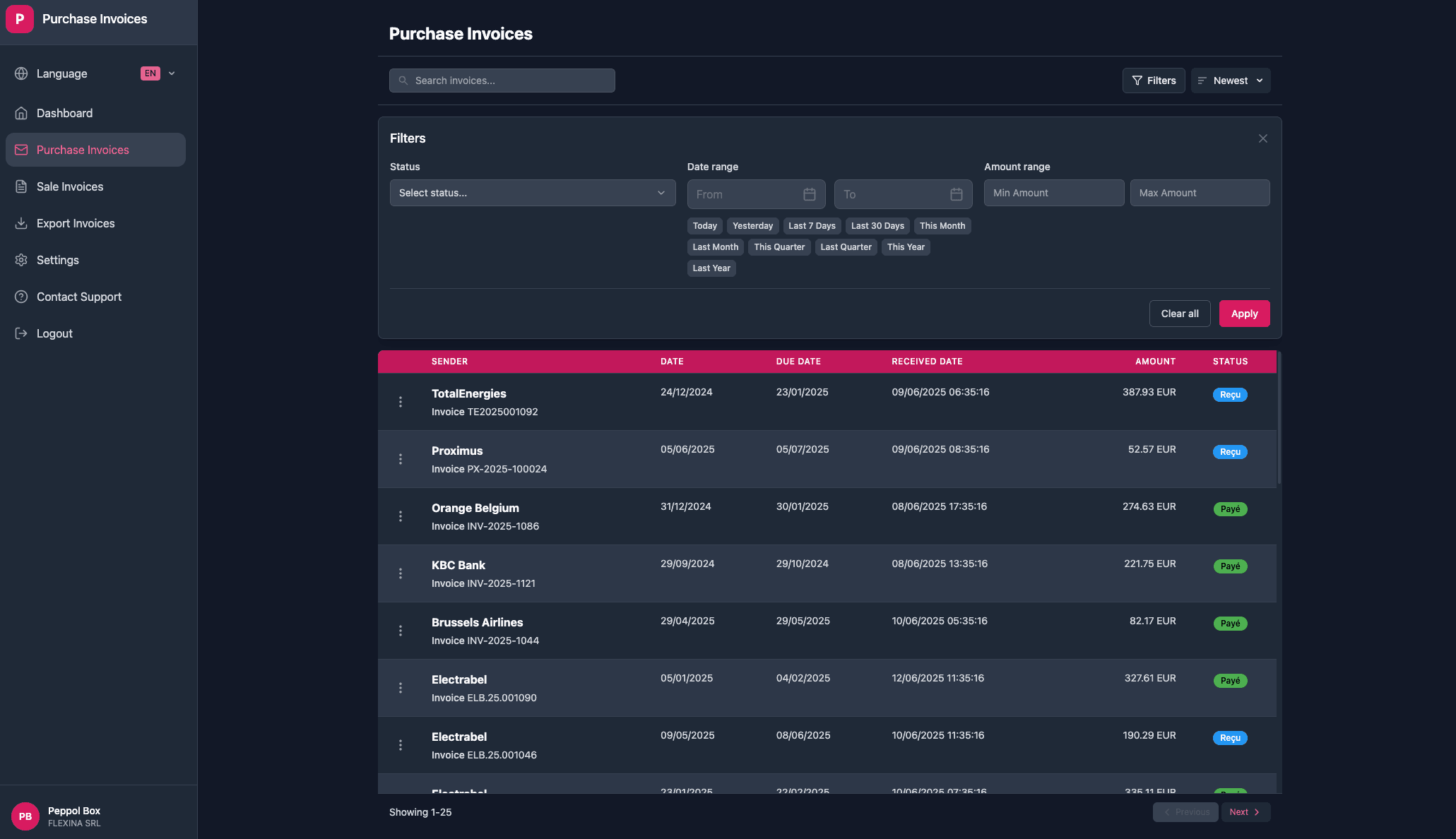 Purchase invoice management interface