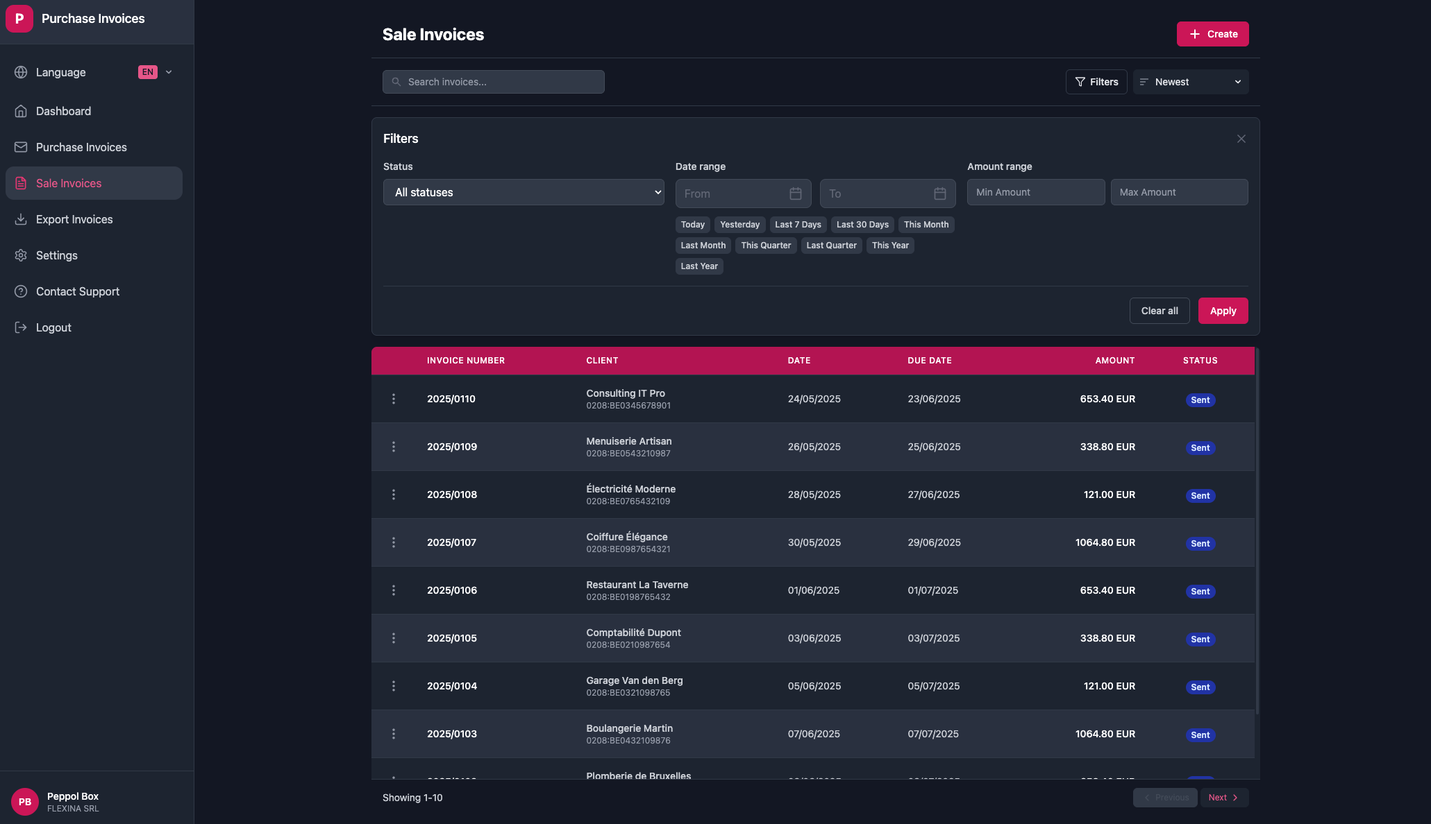 Sales invoice management interface