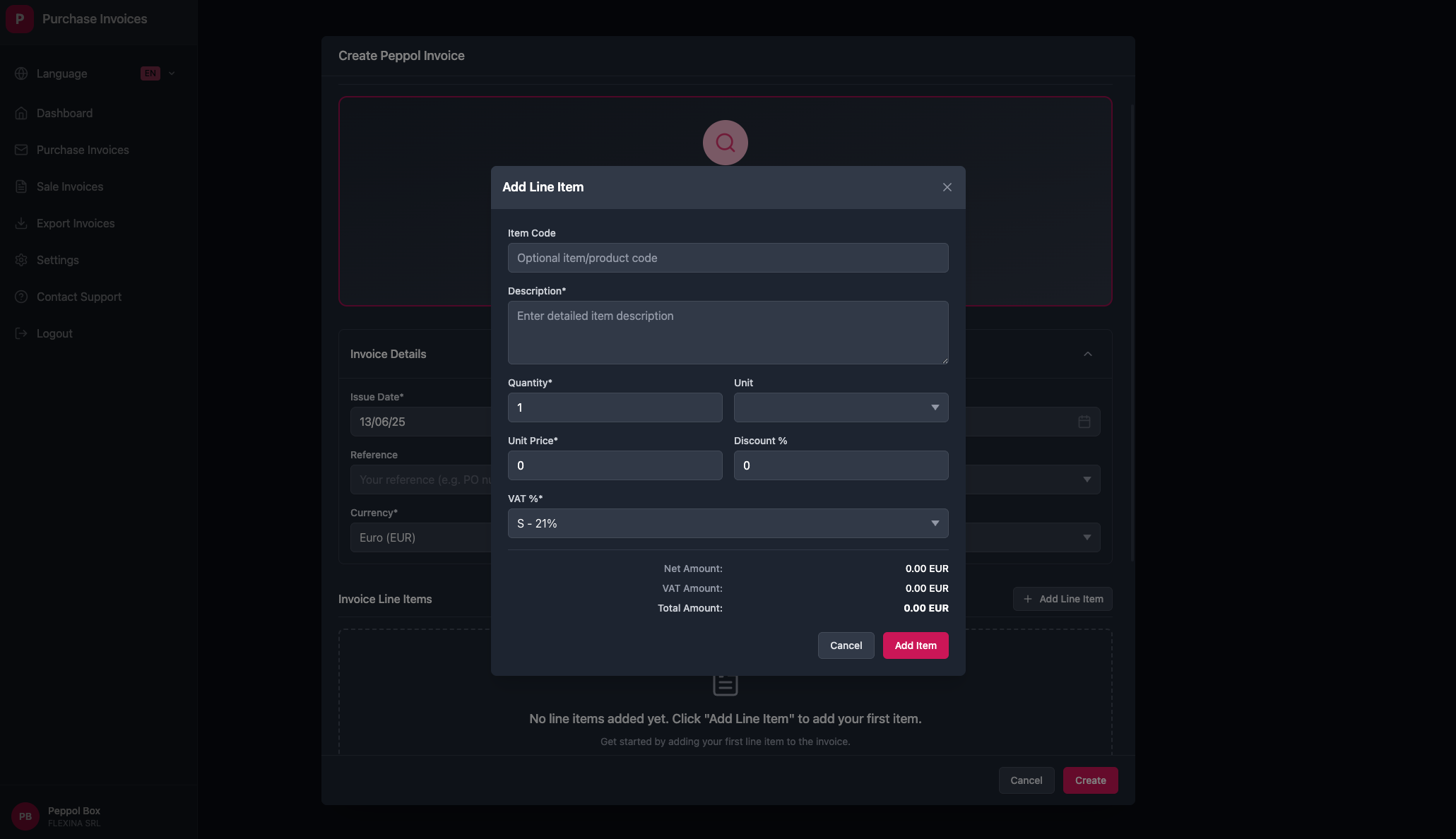 Invoice line creation interface