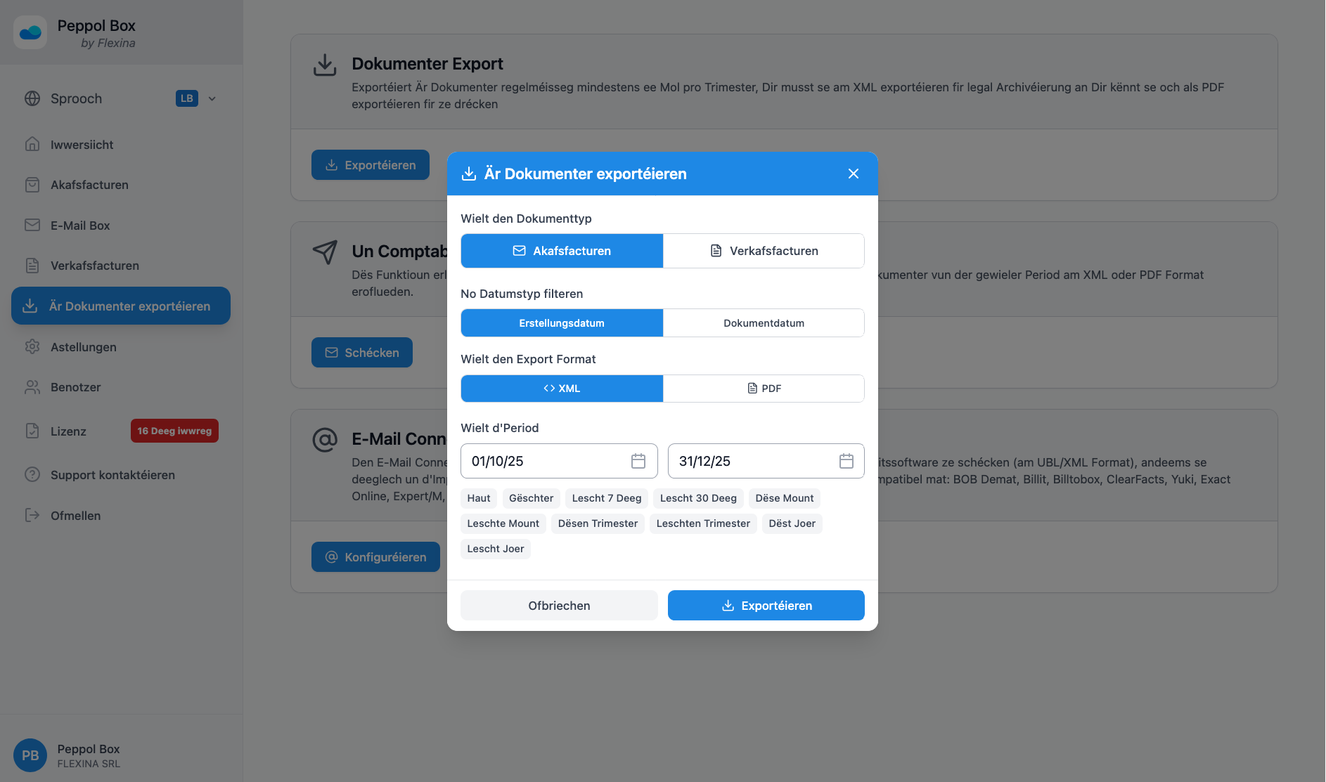 Export UBL Peppol op Comptabilitéit