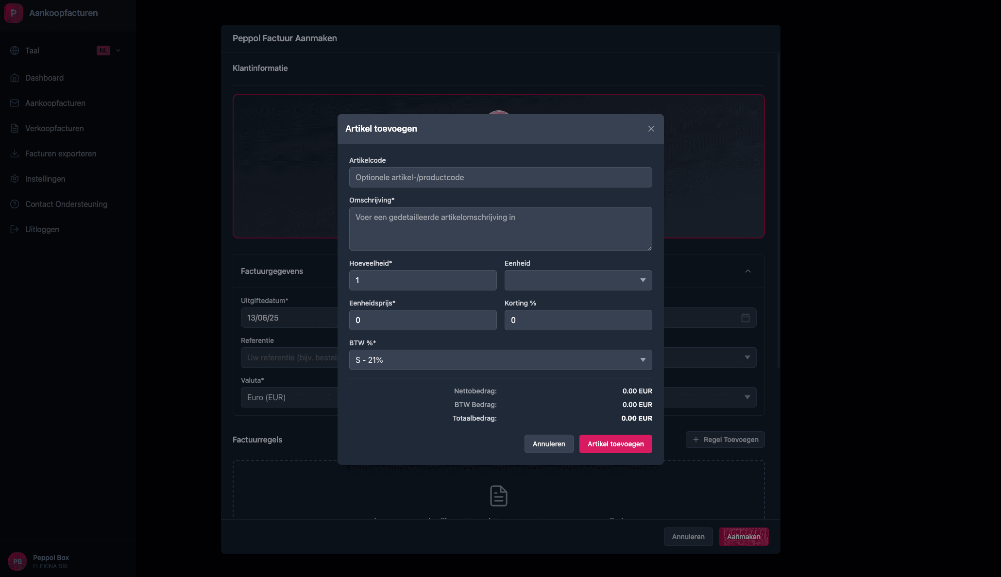 Invoice line creation interface