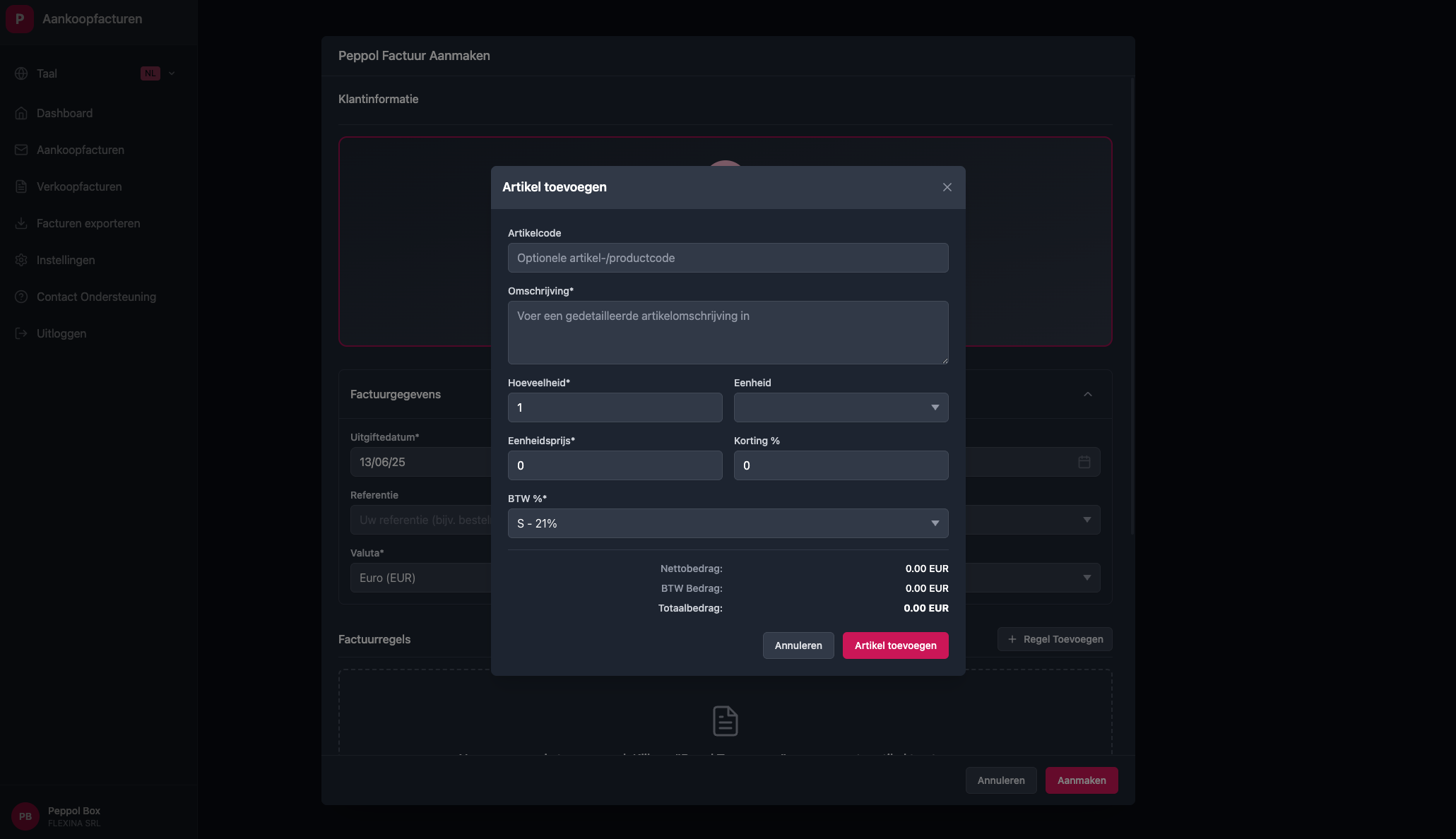 Invoice line creation interface