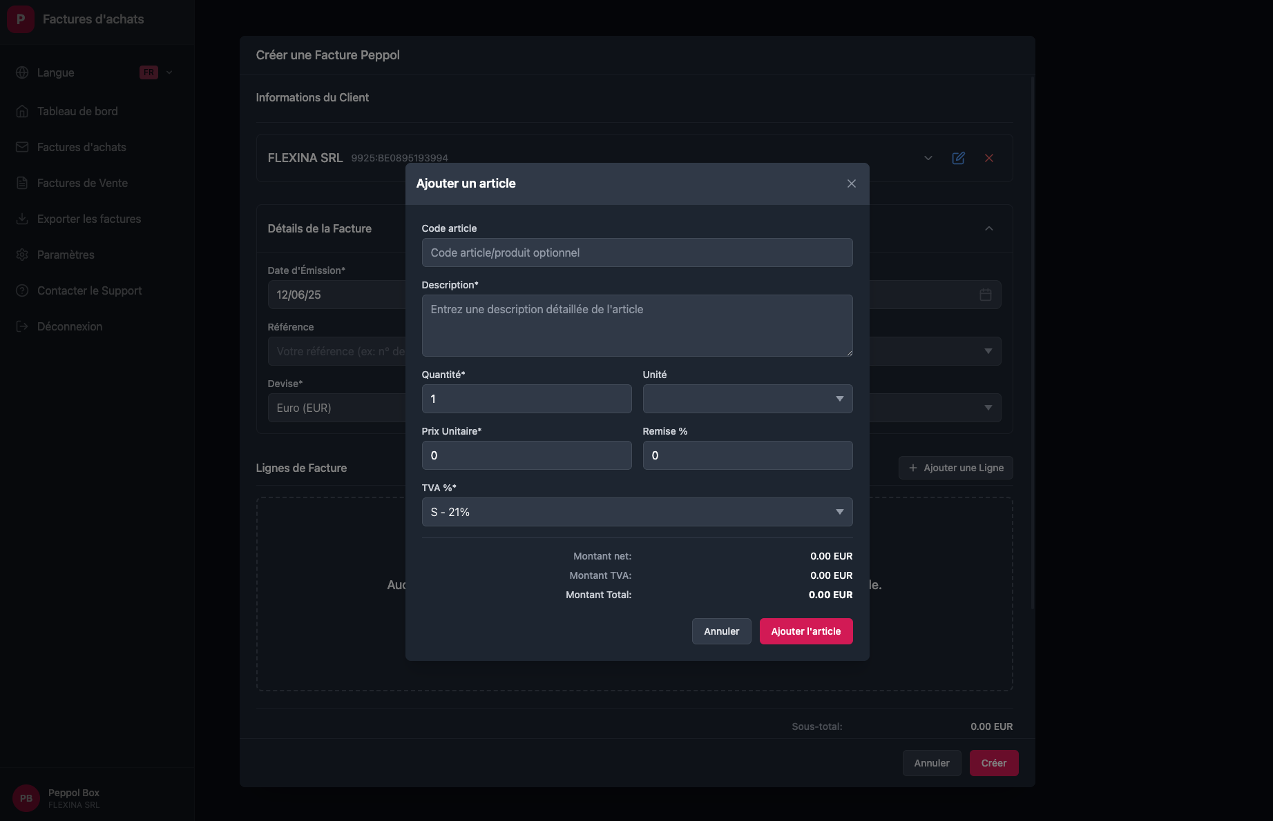 Invoice line creation interface